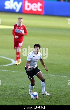 Swansea, Regno Unito. 06 marzo 2021. Korey Smith di Swansea City in azione. EFL Skybet Championship, Swansea City contro Middlesbrough al Liberty Stadium di Swansea sabato 6 marzo 2021. Questa immagine può essere utilizzata solo per scopi editoriali. Solo per uso editoriale, è richiesta una licenza per uso commerciale. Nessun utilizzo nelle scommesse, nei giochi o nelle pubblicazioni di un singolo club/campionato/giocatore. pic di Andrew Orchard/Andrew Orchard sports photography/Alamy Live news Credit: Andrew Orchard sports photography/Alamy Live News Foto Stock