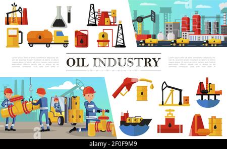 Composizione piatta dell'industria petrolifera con lavoratori industriali combustibile per camion petrolchimico impianto olio derrick carro cisterna barili stazione di riempimento benzina pompe Illustrazione Vettoriale