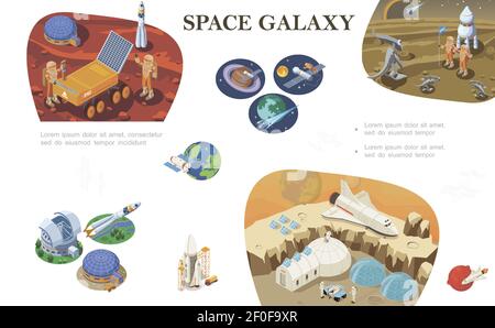 Composizione di esplorazione spaziale isometrica con astronauti che si incontrano con alieni cosmici basa il razzo shuttle rover su diversi pianeti illustrazione vettoriale Illustrazione Vettoriale