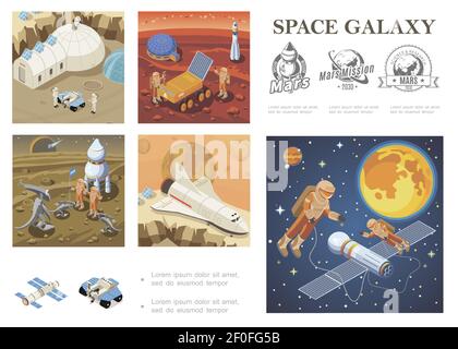 Composizione di esplorazione spaziale isometrica con base di colonizzazione Marte con satellite shuttle gli astronauti lunar rover si incontrano con i cosmonauti degli alieni negli esterni Illustrazione Vettoriale