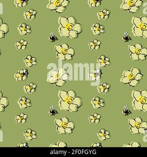 carino allegro motivo senza giunture con fiori semplici e api volanti Illustrazione Vettoriale
