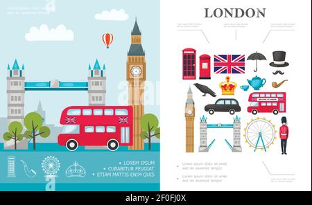Viaggio in piano a Londra con autobus Big ben Tower Ponte della guardia reale britannica e vettore di elementi nazionali della Gran Bretagna illustrazione Illustrazione Vettoriale