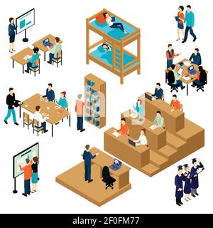 Colorato 3d istruzione isometrica studente icona insieme con le persone che sono illustrazioni vettoriali dello studio Illustrazione Vettoriale