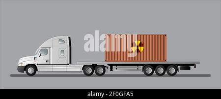 Moderna auto americana con semirimorchio per il trasporto di container con combustibile nucleare. Pericolo di radiazioni. Illustrazione Vettoriale