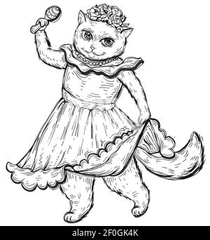 Gatto con una maraca e vestito in abiti nazionali messicani. Illustrazione del tratteggio monocromatico vintage isolata su sfondo bianco. Design disegnato a mano Foto Stock