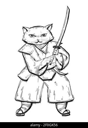 Gatto con spada samurai e vestito in giappone kimono e sandali. Illustrazione con incisione nera vintage. Isolato su sfondo bianco. Disegnato a mano Foto Stock