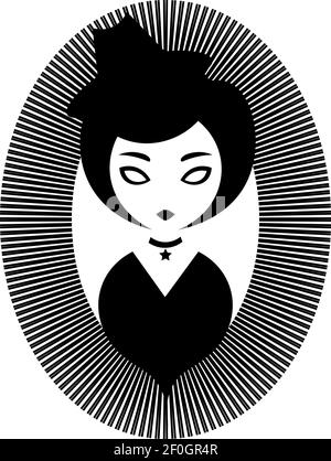 astratta ipnotica gotica ragazza con occhi vuoti in cappello nero Illustrazione Vettoriale