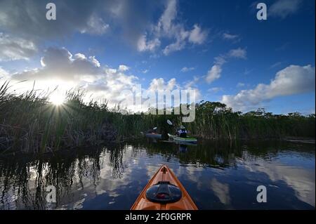 Donna e senior kayaking attivo su Nine Mile Pond nell'Everglades National Park. Foto Stock