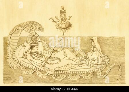 Antica illustrazione delle divinità indiane - Brahma, Vishnu e Lakshmi. Incisione pubblicata su Systematischer Bilder-Atlas zum Conversations-Lexikon, Iko Foto Stock