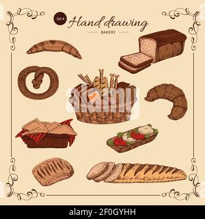 Set da forno colorato disegnato a mano con prodotti di farina decorativi su sfondo beige illustrazione vettoriale isolata Illustrazione Vettoriale