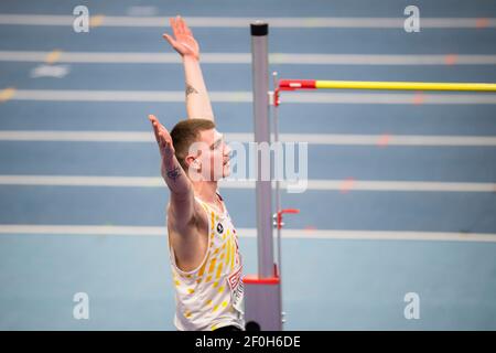 Il belga Thomas Carmoy festeggia durante la gara maschile di salto in alto al Campionato europeo di atletica Indoor, a Torun, Polonia, domenica 07 Marc Foto Stock