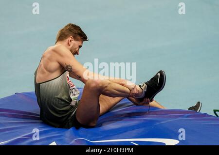TORUN, POLONIA - 7 MARZO: Mateusz Przybylko della Germania in gara nella finale di Mens High Jump durante i Campionati europei di atletica Indoor 2021 ma Foto Stock