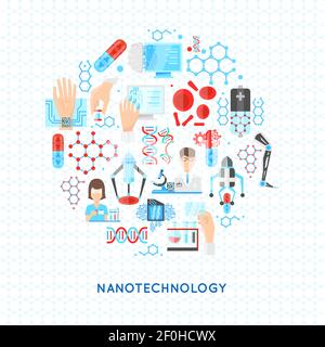 Nanotecnologia rotonda con strutture da particelle di dna e farmaci laboratorio scientifico sull'illustrazione vettoriale di sfondo tessurale Illustrazione Vettoriale