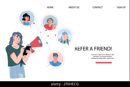 Segnala un modello di banner per il sito Web di un amico con le persone che consigliano le merci l'una all'altra tramite l'app mobile. Concetto di referral marketing di banner web o Landing p Illustrazione Vettoriale