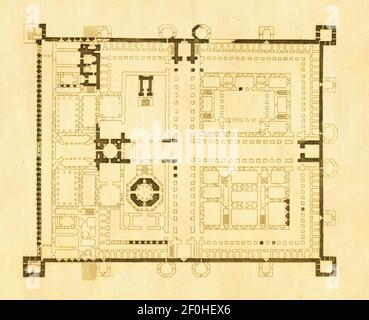 Incisione antica di una pianta del palazzo di Diocleziano a Spalato. Pubblicato in Systematischer Bilder-Atlas zum Conversations-Lexikon, Ikonographische Foto Stock