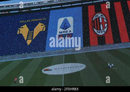 Stadio Marcantonio Bentegodi, Verona, Italia. 07 marzo 2021. Pannello TV che mostra i loghi della squadra e il campo durante Hellas Verona vs AC Milan, calcio italiano Serie A match - Foto Ettore Griffoni/LM Credit: LiveMedia/Alamy Live News Foto Stock