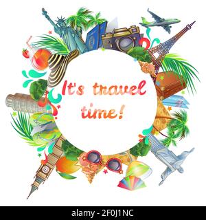 Colorata composizione rotonda con cerchio di attrazioni in stile cartoon torri statue alberi e testo modificabile illustrazione vettoriale Illustrazione Vettoriale