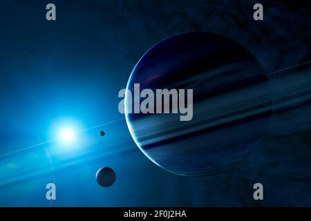 Pianeti fantascientifico, scoperta di nuovi mondi, fantascienza. Pianeti e lune di altre galassie e universi. Mondi fantastici. Saturno anelli Foto Stock