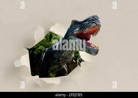 Vista closeup di un'arrabbiata statuetta di dinosauro T-Rex sale dalla carta strappata. Animale mostruoso con bocca aperta e denti affilati Foto Stock