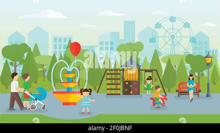 Concetto di parco cittadino piatto con persone sul parco giochi e passerella attrazioni fontana e panchine cityscape illustrazione vettoriale Illustrazione Vettoriale