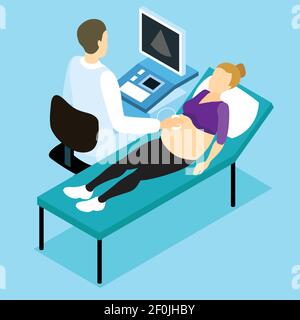 Gravidanza ecografia scansione isometrica progettazione con il medico che esegue l'esame di donna sdraiata su sfondo blu illustrazione vettoriale Illustrazione Vettoriale