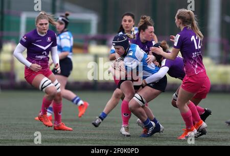 DURHAM CITY, INGHILTERRA. 6 MARZO: Jess Wiesheu di Darlington Mowden Park Sharks sull'attacco durante la partita FEMMINILE ALLIANZ PREMIER 15S tra DMP Durham Sharks e Loughborough Ligntning al Castello di Maiden, Durham City sabato 6 marzo 2021. (Credit: Chris Booth | MI News) Credit: MI News & Sport /Alamy Live News Foto Stock