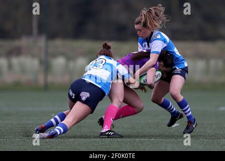 DURHAM CITY, INGHILTERRA. 6 MARZO: Amy Layzell e Evie Tonkin di Darlington Mowden Park Sharks e Fran Goldthorp di Loughborough Lightning durante la partita FEMMINILE ALLIANZ PREMIER 15S tra DMP Durham Sharks e Loughborough Ligntning al Castello di Maiden, Durham City sabato 6 Marzo 2021. (Credit: Chris Booth | MI News) Credit: MI News & Sport /Alamy Live News Foto Stock