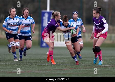 DURHAM CITY, INGHILTERRA. 6 MARZO: Amy Layzell di Darlington Mowden Park Sharks e Emma Hardy di Loughborough Lightning durante la partita FEMMINILE ALLIANZ PREMIER 15S tra DMP Durham Sharks e Loughborough Ligntning al Castello di Maiden, Durham City sabato 6 Marzo 2021. (Credit: Chris Booth | MI News) Credit: MI News & Sport /Alamy Live News Foto Stock