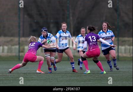 DURHAM CITY, INGHILTERRA. 6 MARZO: Jess Wiesheu di Darlington Mowden Park Sharks e Emma Hardy di Loughborough Lightning durante la partita FEMMINILE ALLIANZ PREMIER 15S tra DMP Durham Sharks e Loughborough Ligntning al Castello di Maiden, Durham City sabato 6 Marzo 2021. (Credit: Chris Booth | MI News) Credit: MI News & Sport /Alamy Live News Foto Stock