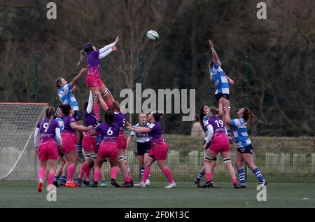 DURHAM CITY, INGHILTERRA. 6 MARZO: Una line out durante la partita FEMMINILE ALLIANZ PREMIER 15S tra DMP Durham Sharks e Loughborough Ligntning al Castello di Maiden, Durham City, sabato 6 marzo 2021. (Credit: Chris Booth | MI News) Credit: MI News & Sport /Alamy Live News Foto Stock