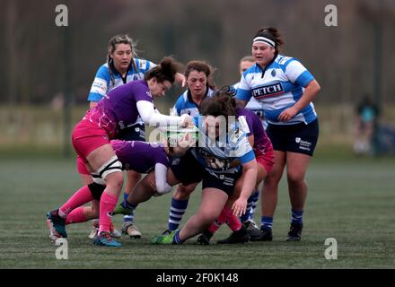 DURHAM CITY, INGHILTERRA. 6 MARZO: Jasmine Hazell di Darlington Mowden Park Sharks si ferma nelle sue tracce durante la partita FEMMINILE ALLIANZ PREMIER 15S tra DMP Durham Sharks e Loughborough Ligntning al Castello di Maiden, Durham City sabato 6 Marzo 2021. (Credit: Chris Booth | MI News) Credit: MI News & Sport /Alamy Live News Foto Stock