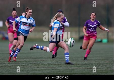 DURHAM CITY, INGHILTERRA. 6 MARZO: Il Cana Cookland di Darlington Mowden Park Sharks calcia durante la partita FEMMINILE ALLIANZ PREMIER 15S tra DMP Durham Sharks e Loughborough Ligntning al Maiden Castle di Durham City sabato 6 Marzo 2021. (Credit: Chris Booth | MI News) Credit: MI News & Sport /Alamy Live News Foto Stock