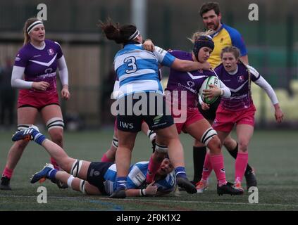 DURHAM CITY, INGHILTERRA. 6 MARZO: Brogan Churm of Darlington Mowden Park Sharks e Becky Noon of Loughborough Lightning durante la partita FEMMINILE ALLIANZ PREMIER 15S tra DMP Durham Sharks e Loughborough Ligntning al Castello di Maiden, Durham City sabato 6 Marzo 2021. (Credit: Chris Booth | MI News) Credit: MI News & Sport /Alamy Live News Foto Stock