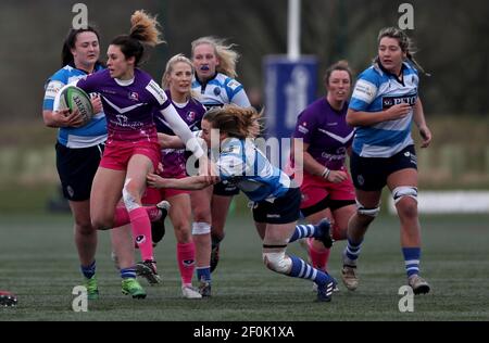 DURHAM CITY, INGHILTERRA. 6 MARZO: Rosie Blount di Darlington Mowden Park Sharks e Abbie Brown di Loughborough Lightning durante la partita FEMMINILE ALLIANZ PREMIER 15S tra DMP Durham Sharks e Loughborough Ligntning al Castello di Maiden, Durham City sabato 6 Marzo 2021. (Credit: Chris Booth | MI News) Credit: MI News & Sport /Alamy Live News Foto Stock