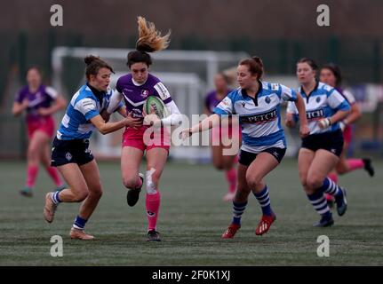 DURHAM CITY, INGHILTERRA. 6 MARZO: Amy Layzell di Darlington Mowden Park Sharks e Abbie Brown di Loughborough Lightning durante la partita FEMMINILE ALLIANZ PREMIER 15S tra DMP Durham Sharks e Loughborough Ligntning al Castello di Maiden, Durham City sabato 6 Marzo 2021. (Credit: Chris Booth | MI News) Credit: MI News & Sport /Alamy Live News Foto Stock