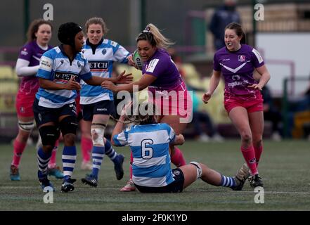 DURHAM CITY, INGHILTERRA. 6 MARZO: Tilly Churm of Darlington Mowden Park Sharks e Detysha Harper of Loughborough Lightning durante la partita FEMMINILE ALLIANZ PREMIER 15S tra DMP Durham Sharks e Loughborough Ligntning al Castello di Maiden, Durham City sabato 6 Marzo 2021. (Credit: Chris Booth | MI News) Credit: MI News & Sport /Alamy Live News Foto Stock