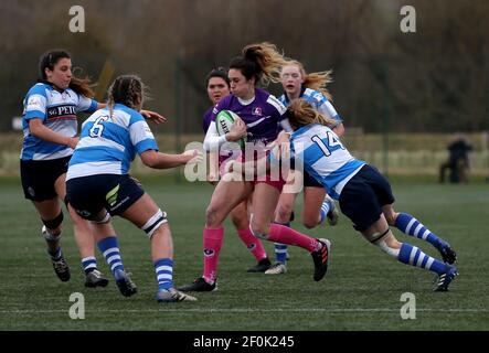 DURHAM CITY, INGHILTERRA. 6 MARZO: Rosie Blount di Darlington Mowden Park Sharks e Abbie Brown di Loughborough Lightning durante la partita FEMMINILE ALLIANZ PREMIER 15S tra DMP Durham Sharks e Loughborough Ligntning al Castello di Maiden, Durham City sabato 6 Marzo 2021. (Credit: Chris Booth | MI News) Credit: MI News & Sport /Alamy Live News Foto Stock