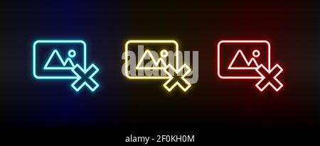 foto, elimina insieme di icone al neon. Set di icone vettoriali al neon rosse, blu e gialle Illustrazione Vettoriale
