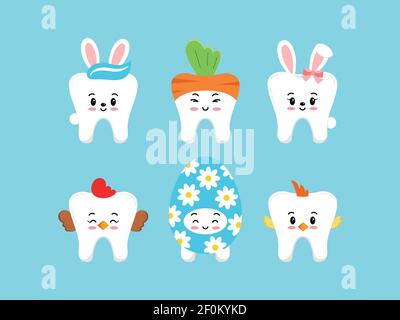 Pasqua cute denti dentali icona insieme isolato. Illustrazione Vettoriale