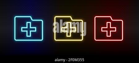 crea, cartella insieme di icone neon. Set di icone vettoriali al neon rosse, blu e gialle Illustrazione Vettoriale