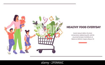 Sito web sano cibo fresco consegna e vendita concetto con carino famiglia di acquisto verdure, piatto vettore illustrazione. Cibo online e consegna vegetariano Illustrazione Vettoriale