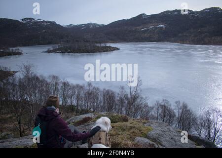 Escursionista con Samoyed Husky cane ​​looking al lago congelato e. fiordo di Rogaland Norvegia Foto Stock