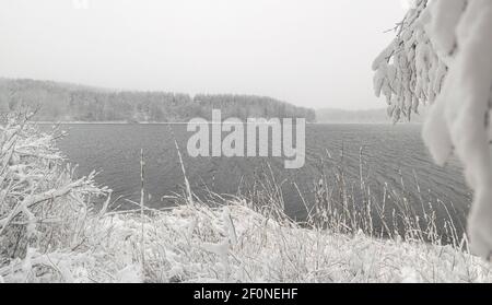 Lago Vlasina in buia, nuvoloso, giorno d'inverno con molta neve. Fotografia di paesaggio. Foto Stock