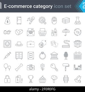 Le icone lineari della categoria acquisti online e e-commerce sono isolate su sfondo bianco. Vettore di alta qualità Illustrazione Vettoriale