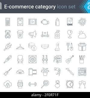 Set di icone di contorno per la categoria di negozio. Shopping e commercio elettronico icone di linea sottile Illustrazione Vettoriale