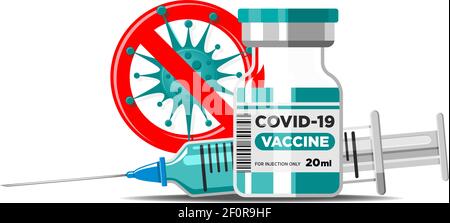 Covid-19 concetto di vaccinazione con Coronavirus. Flaconcino di vaccino e siringa con ago. Modello vettoriale su sfondo trasparente Illustrazione Vettoriale