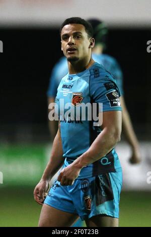 Bridgend, Regno Unito. 06 marzo 2021. Ashton Hewitt dei Dragons guarda sopra. Guinness Pro14 Rugby Match, Ospreys v Dragons al campo di birreria Morgantstone di Bridgend, Galles del Sud sabato 6 marzo 2021. pic di Andrew Orchard/Andrew Orchard sports photography/Alamy Live news Credit: Andrew Orchard sports photography/Alamy Live News Foto Stock