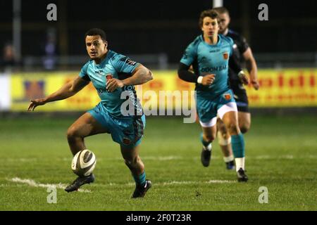 Bridgend, Regno Unito. 06 marzo 2021. Ashton Hewitt dei draghi in azione. Guinness Pro14 Rugby Match, Ospreys v Dragons al campo di birreria Morgantstone di Bridgend, Galles del Sud sabato 6 marzo 2021. pic di Andrew Orchard/Andrew Orchard sports photography/Alamy Live news Credit: Andrew Orchard sports photography/Alamy Live News Foto Stock