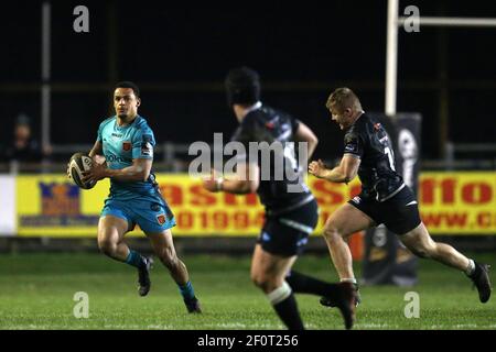 Bridgend, Regno Unito. 06 marzo 2021. Ashton Hewitt dei draghi in azione. Guinness Pro14 Rugby Match, Ospreys v Dragons al campo di birreria Morgantstone di Bridgend, Galles del Sud sabato 6 marzo 2021. pic di Andrew Orchard/Andrew Orchard sports photography/Alamy Live news Credit: Andrew Orchard sports photography/Alamy Live News Foto Stock