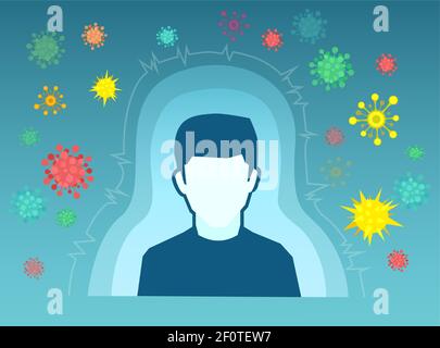 Concetto di sistema immunitario umano. Vettore di un uomo con immunità e anticorpi contro microbi e virus Illustrazione Vettoriale